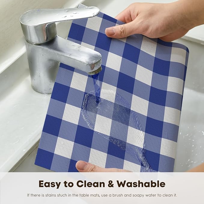 Artoid Mode Buffalo Plaid Vinyl Placemats Set of 4, 12x18 Inch Washable Non-Slip Heat Resistant Plastic Place Mats for Party Dining Table, Naxy Blue/White