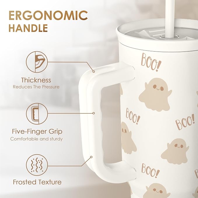 SANDJEST Boo Tumbler with Handle and Straw 40oz – Stainless Sleel Slider - Image 3
