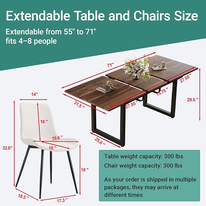 Extendable Dining Table Set for 4, 55"–71" Modern Wood Kitchen Table with 4 Upholstered Chairs, Space-Saving for Living Room Apartment, Sturdy & Comfortable, Easy Assembly