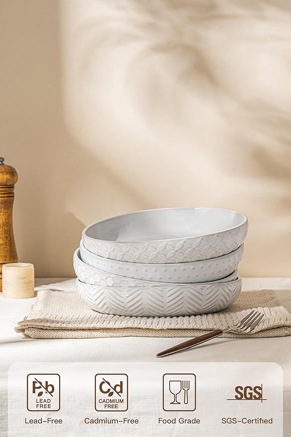 Embossed Ceramic Pasta Bowls, 42 oz Bowl Plates Set,9-Inch Large Serving Bowls Set of 4, Perfect for Pasta, Salad, Fruit, Sturdy&Stackable, Microwave & Dishwasher Safe