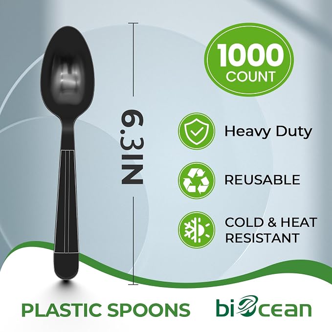 1000 Count Disposable Plastic Spoons Heavy Duty Plastic Spoons Bulk Black Heavy - Image 2