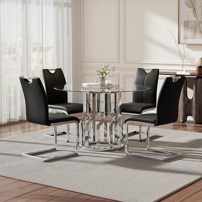 38.9" Round Glass Dining Table Set for 4, Modern 5 Piece Kitchen Table Set with Silver Stainless Steel Base & 4 PU Leather Accent Chairs, Saving Space, Dining Set for Apartment, Home - Black Chair