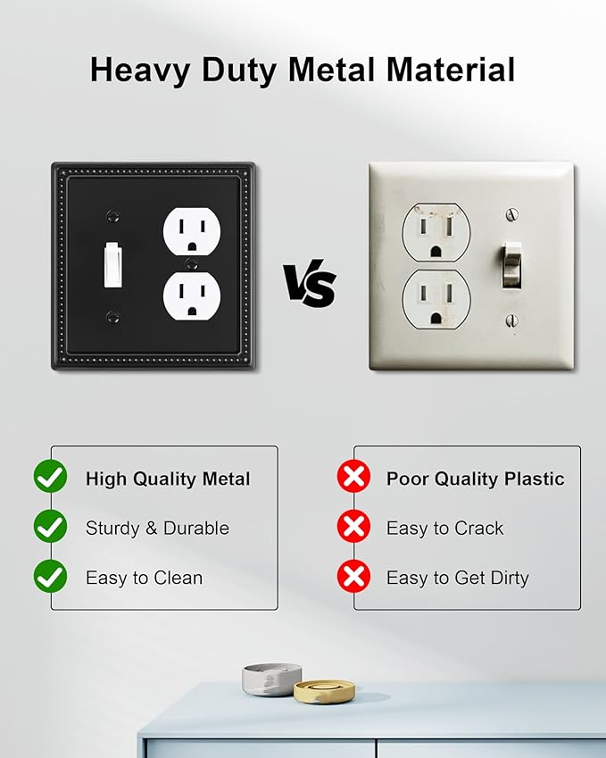 2-Pack Combo Toggle/Duplex Light Switch Cover Plate, Black Metal Wall Outlet Cover Plate, Decorative Beaded Wall Socket Receptacle Cover for Electrical Outlets, Light Switch