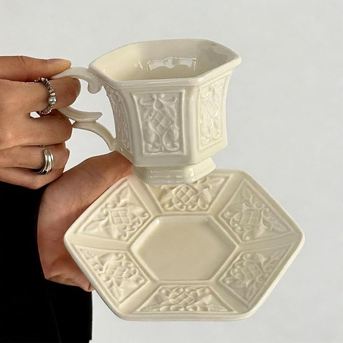 KAMMAK Tea Cups and Saucers Set of 2, 6 oz Porcelain Coffee Cups, SY003 | - Image 5