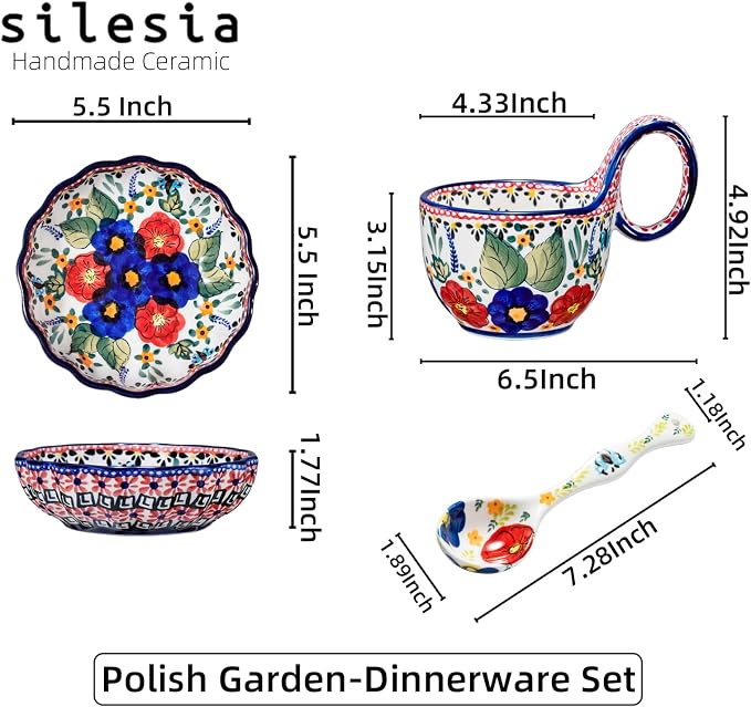 silesia Handmade Loop Handle Soup Bowl, Plate and Spoon Set Ceramic Hand - Image 8