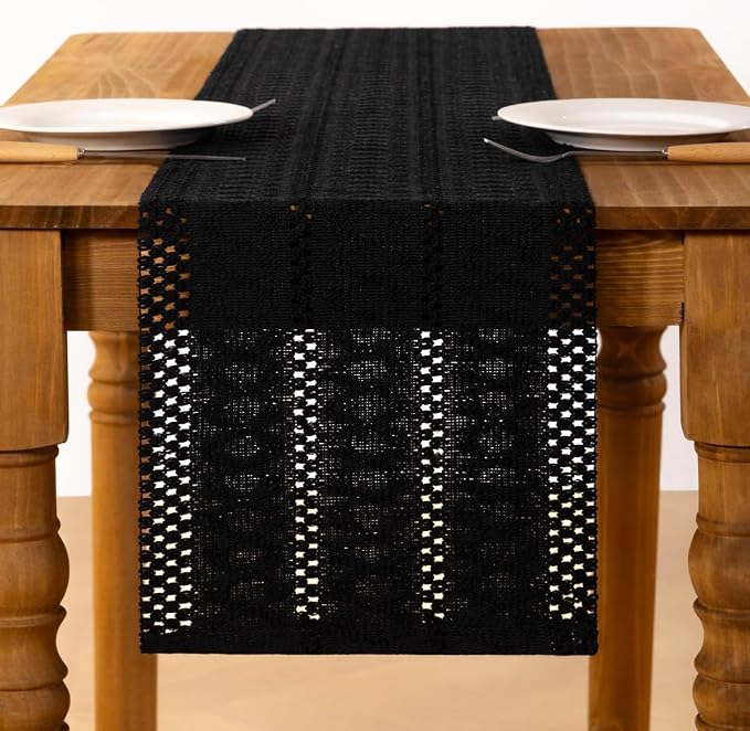 Black Boho Table Runner Farmhouse Macrame Woven Table Runner 12x90 Inch | Small - Image 3
