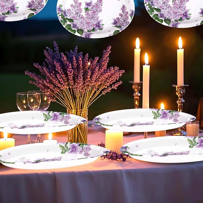 50 Pcs Lilac Oval Paper Plates Large 10" x 12" Purple Floral Plates Disposable Heavy Duty Dinner Serving Platters for Spring Summer Purple Party Supplies Baby Shower Wedding Flower Party Decorations