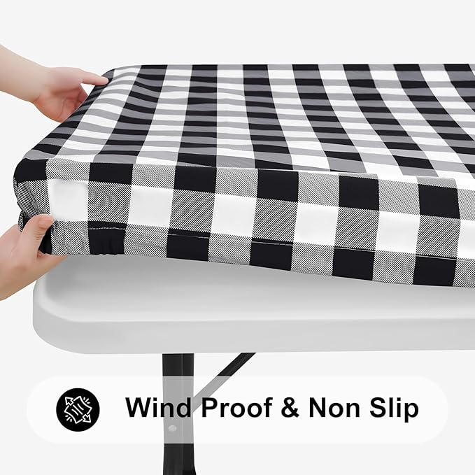 Smiry Square Picnic Table Cloth, Elastic Waterproof Fitted Vinyl Tablecloths, Flannel Backed Buffalo Plaid Table Covers for Dining, Camping, Outdoor (Black and White, 36" x 36")