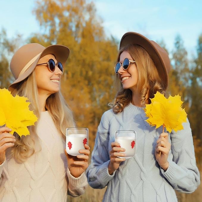 Icon Juice Glasses, 14oz Stemless Wine Drinking Juice Glass Cup for Valentine Party Supplies Gift(2 Pcs,Maple Leaf)