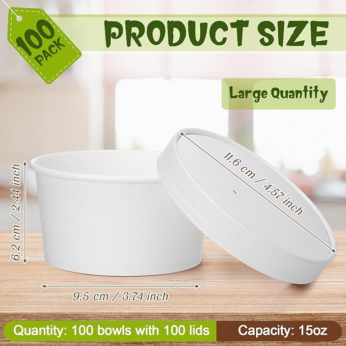 Fulmoon 100 Pack Paper Soup Containers with Lids Disposable Paper Food Containers with Vented Lid Kraft Ice Cream Cake Dessert Cups Soup Bowl for Party Hot Food Fruit Microwave(15 oz,White)