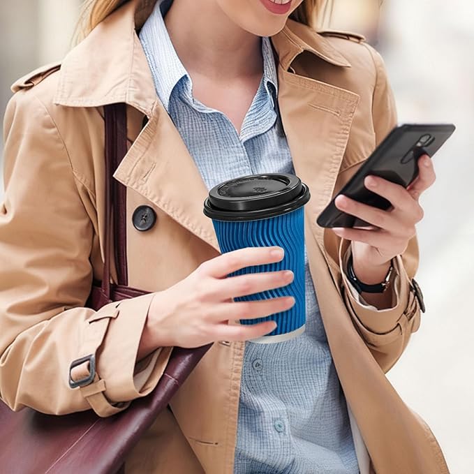 100 Pack Coffee Cups with Lids 16 oz, Disposable Insulated Ripple Wall To Go Paper Coffee Cups for Hot/Cold Drinks Office Home Shop Event (Navy)