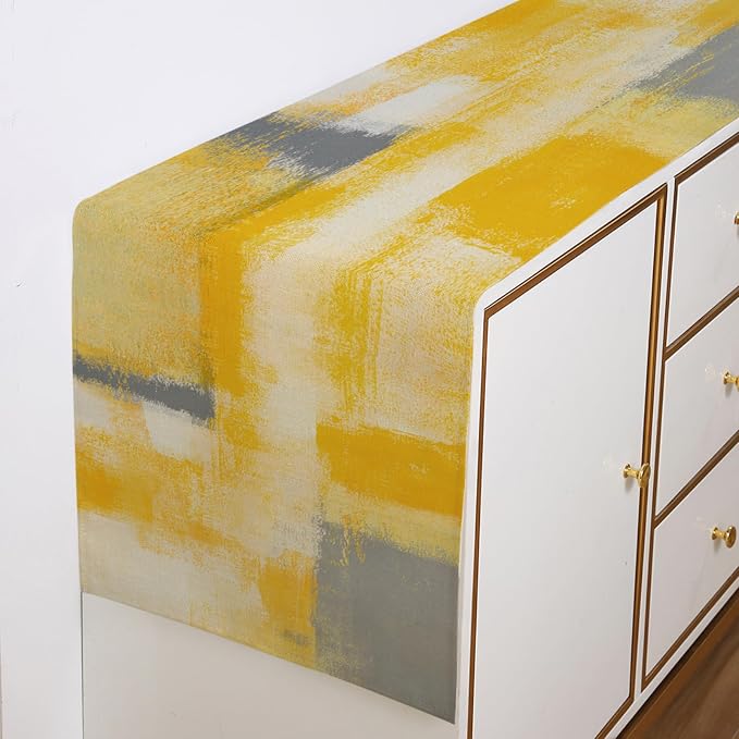 Yellow and Grey Table Runner 13x72 Inch Modern Abstract Art Painting Kitchen - Image 3