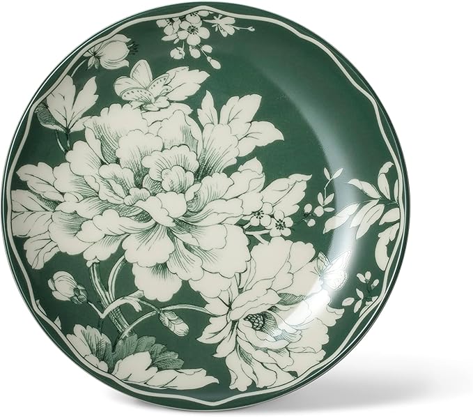 222 Fifth 12-Piece Porcelain Dinnerware Set for 4, White & Sage Green Plates and Bowls Set, Glossy Ceramic Dish Set with Detailed Floral Design, Microwave & Dishwasher Safe Dishes for Dining, Brittany