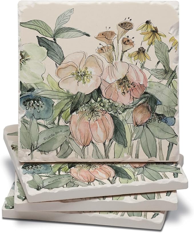 Thirstystone Floral Sketch 4 Pack Tumbled Tile Stone Coasters | 4" Square by CounterArt