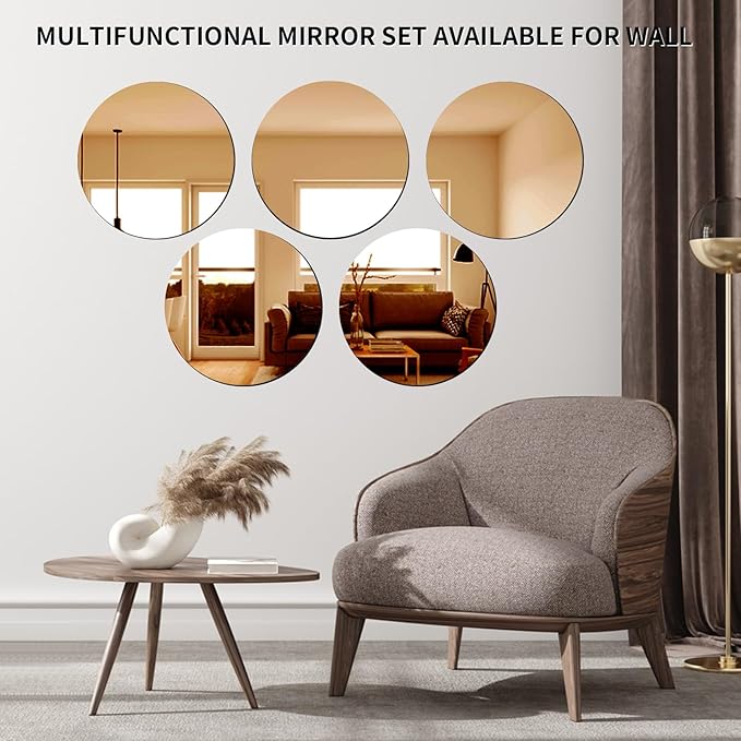 VASUHOME 8" Gold Mirror Centerpieces for Tables, Round Mirror Plates Set for Candle, Wedding, Party Decorations, Circle Mirror Trays with Smooth Edge and Cushioned Feet, 2mm Thick