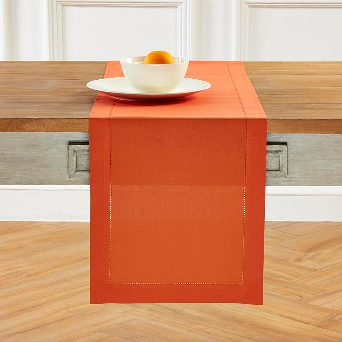 Solino Home Cotton Linen Table Runner Burnt Orange Hemstitch, 14 x 120 in | by SolinoHome