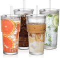 20oz Ribbed Glass Cups with Lids and Straws, Iced Coffee Cups Drinking Glasses by AUFXKOO