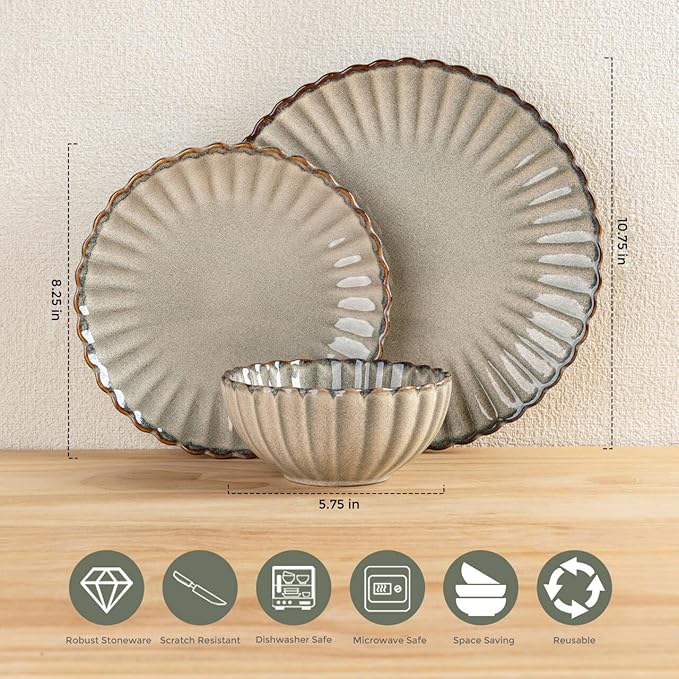 GBHOME Stoneware Dinnerware Sets for 4,Handcrafted Embossed Design Reactive Glaze Ceramic Plates and Bowls, Dishwasher and Microwave Safe, Service for 4(12pcs),Green Wheat
