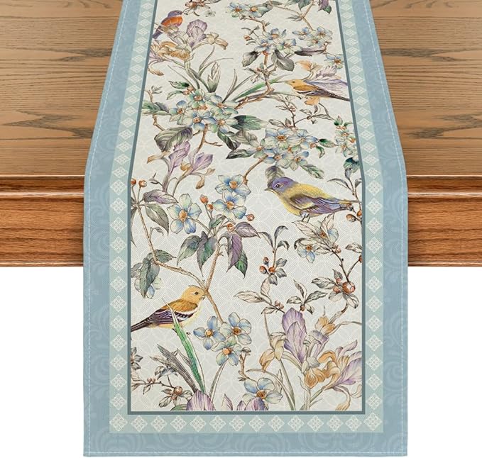Artoid Mode Blue Birds Flowers Blossom Table Runner, Seasonal Spring Floral by ArtoidMode