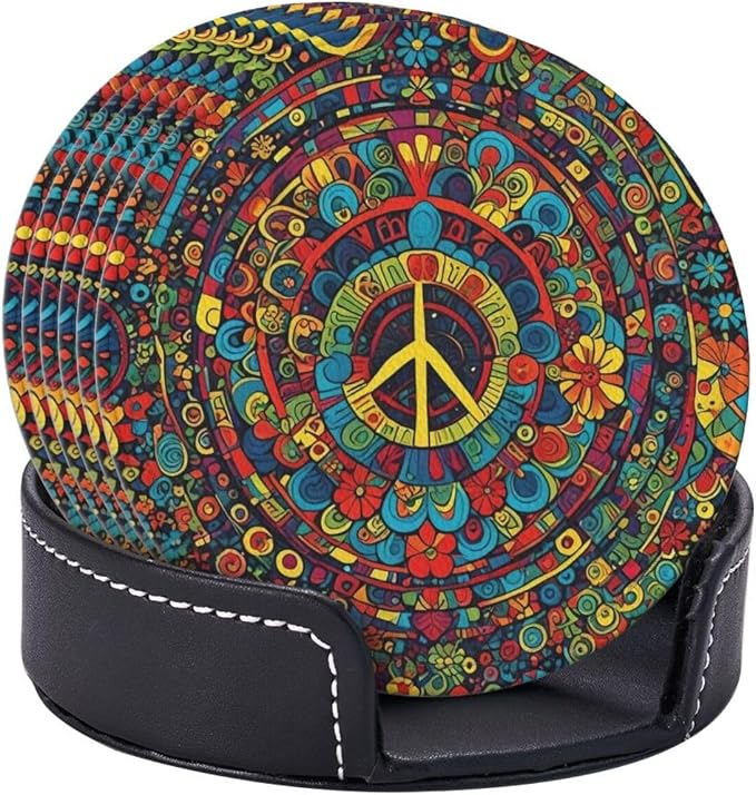 Drink Coasters with Holder Stand Set of 6, Hippies Peace Pu Leather Absorbent - Image 2