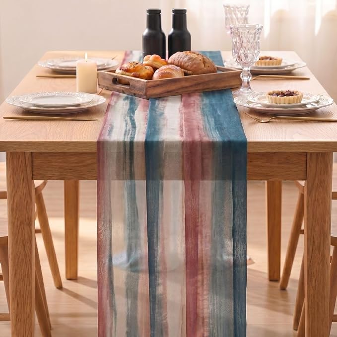 Artoid Mode Boho Blue Red Stripes 4th of July Chiffon Table Runner 120 Inches - Image 2