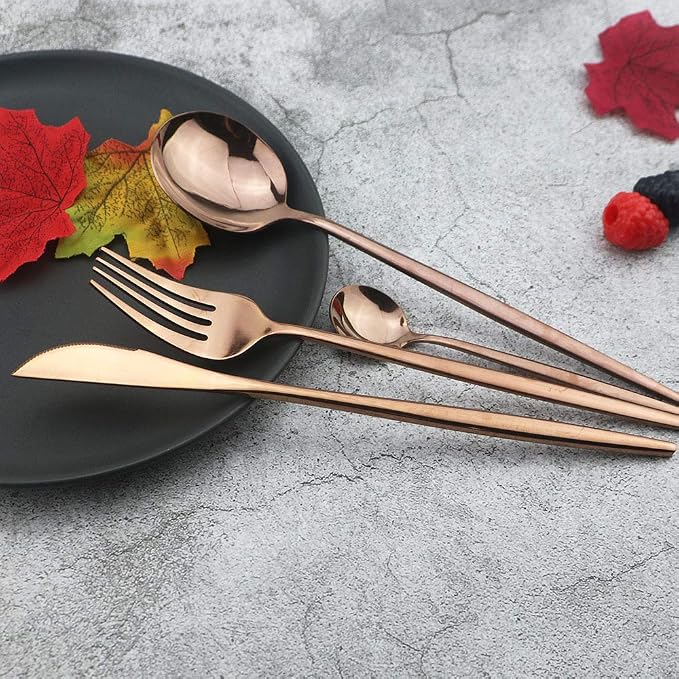 JASHII 24 Pieces 304 Stainless Steel Rose Cutlery Set Home Kitchen Silverware - Image 3