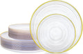 Morejoy 60Pcs Clear Plastic Plates,Clear Disposable Plates With Gold Rim,Heavy-duty Gold Plate, Modern swirl design Plate Include 30Clear Dessert-Platos,30Dinner-Platos for Party&Christmas