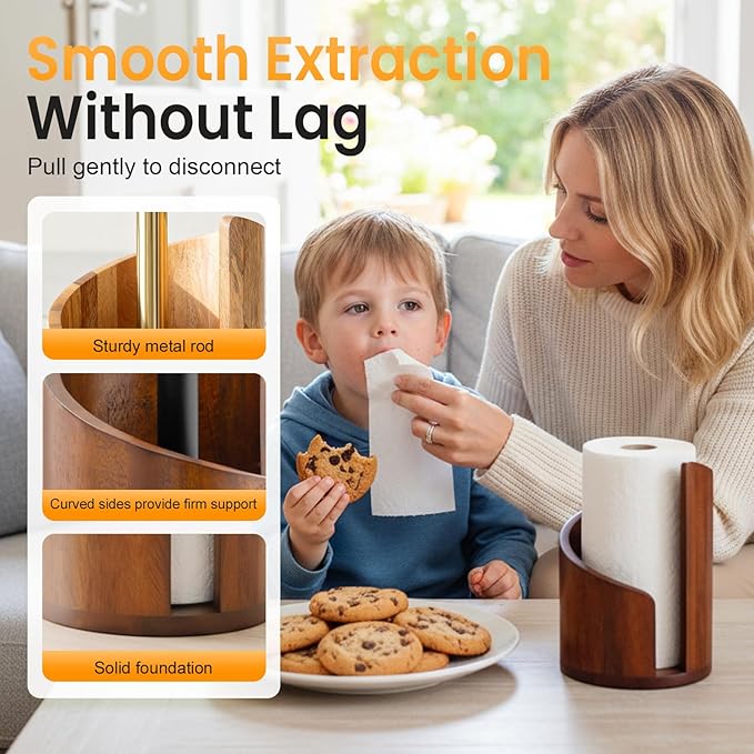 Mountain Paper Towel Holder Countertop, 2026 Upgrade 100% Natural Mango Wood Round Base and Iron Holder, Wooden Paper Towel Holder for Kitchen Roll Organize Dining Table Home Decor (Brown)