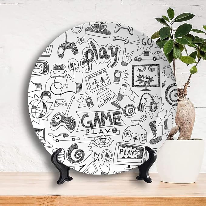Ceramic Display Plate, Video Games Ceramic Hanging Decorative Plate, Monochrome Sketch Style Gaming Design Racing, 8 Inch, Living Room Kitchen Decoration Household, White Black
