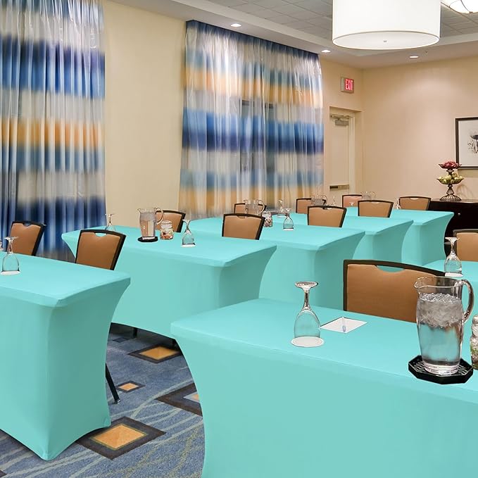 Fitted Stretch Table Cover for 6 foot Rectangle Tables-8 Pack Aqua Blue Spandex Tablecloth-Elastic Folding Tablecloths for Party, Vendor Booth Display, Banquet Buffet Event, Craft Trade Show