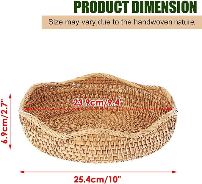 Hipiwe Natural Rattan Tray Wicker Storage Bowls Hand Woven Basket Tray for Bread Fruit Key Round Fruit Baskets for Kitchen Entryway Tabletop Decorative Baskets Bowl,10 Inches