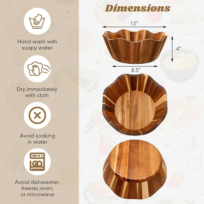 2 Pcs Scalloped Decorative Wooden Bowl 12 Inch Acacia Wood Fruit & Salad Serving Bowl Handcrafted Farmhouse Kitchen Serveware for Fruit, Pasta, Snacks and Home Decor