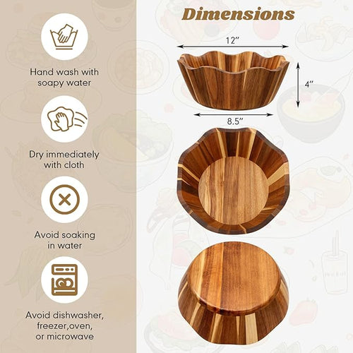 2 Pcs Scalloped Decorative Wooden Bowl 12 Inch Acacia Wood Fruit & Salad Serving Bowl Handcrafted Farmhouse Kitchen Serveware for Fruit, Pasta, Snacks and Home Decor