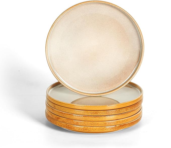 vicrays Ceramic Salad Plates Set - Porcelain 8 Inch Flat Dessert Appetizer Plate for Lunch Home Party Restaurant - Scratch Resistant Microwave Oven and Dishwasher Safe - Set of 6 (Beige)