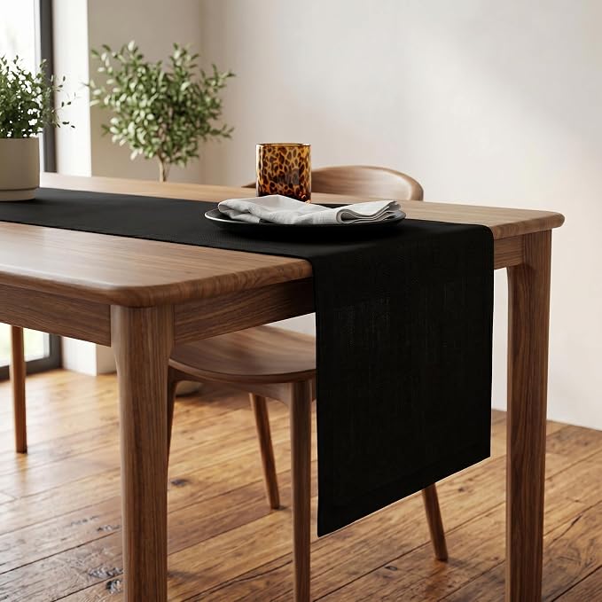Solino Home 100% Pure Linen Dining Table Runner Black, Fete 14 x 108 in | Table - Image 2