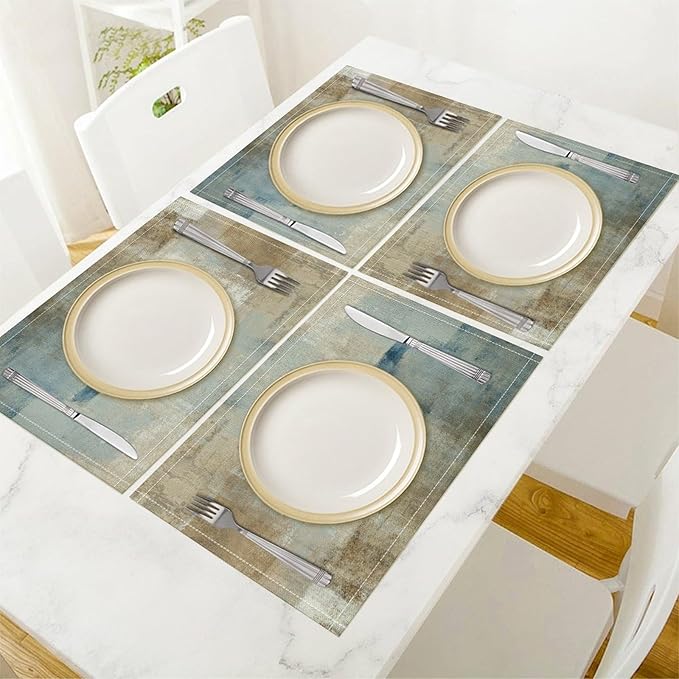 Gradient Placemat Set, Modern Minimal Fashion Abstract Beige Brown Blue Art Oil Painting Brush Strokes Patchwork Pattern Home Decor Linen Table Mats for Dining Room Kitchen Party (17x12in) x6P