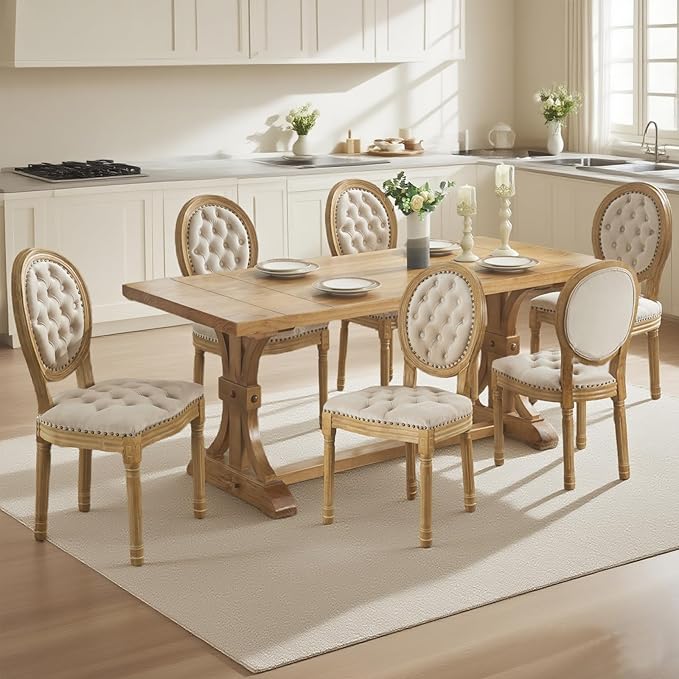 SoarFlash French Velvet Dining Chairs Set of 6, Vantage Dining Chair with Round Back, Wood Leg Farmhouse Country Dining Chair for Kitchen,Bedroom,Beige
