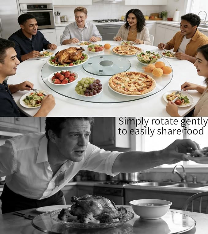 36" Glass Lazy Susan for Dining Table, Glass Turntable Table Centerpiece with 6 Rotating Wheels, 360° Smooth and Silent Spin Tabletop Rotating Tray, for Family Gatherings, Banquets, Weddings, 92 cm