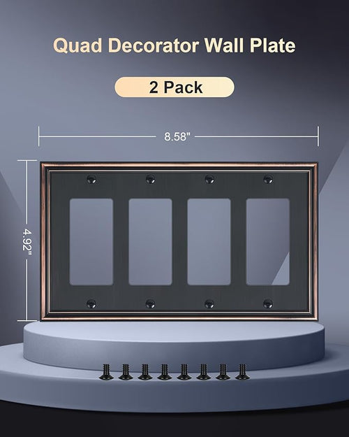 2-Pack Quad Decorator Outlet Cover Plate, Zinc Alloy Decorative Aged Bronze Switch Plates and Outlet Covers, 4 Gang Wall Plates for Electrical Outlets, Receptacle, GFCI Outlet, Dimmer Switch