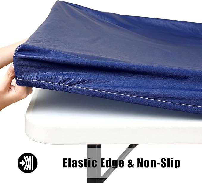 Smiry Rectangle Tablecloth, Elastic Fitted Flannel Backed Vinyl Tablecloths for 8ft Folding Tables, Waterproof Wipeable Table Covers for Indoor, Outdoor, Picnic and Camping (Navy, 36"x96")
