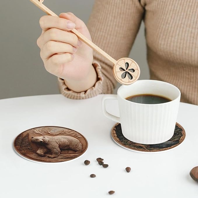 Bear Coasters for Drinks with Holder Round Leather Coasters Set of 6 Cups Mugs Mat Pad for Home Kitchen Bar
