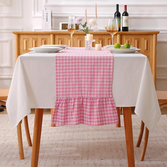 Pink White Plaid Gingham Ruffle Table Runner 90 inches Long 100% Washed Cotton by KMASANIJI