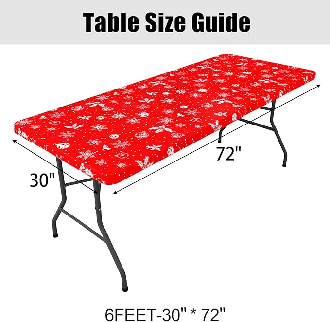 Smiry Plastic Christmas Tablecloth, Snowflake Wipeable Flannel Backed Vinyl Tablecloth, Waterproof Elastic Fitted Table Cover for Christmas Dinner, and New Year Celebration (White & Red, 30x72 Inches)