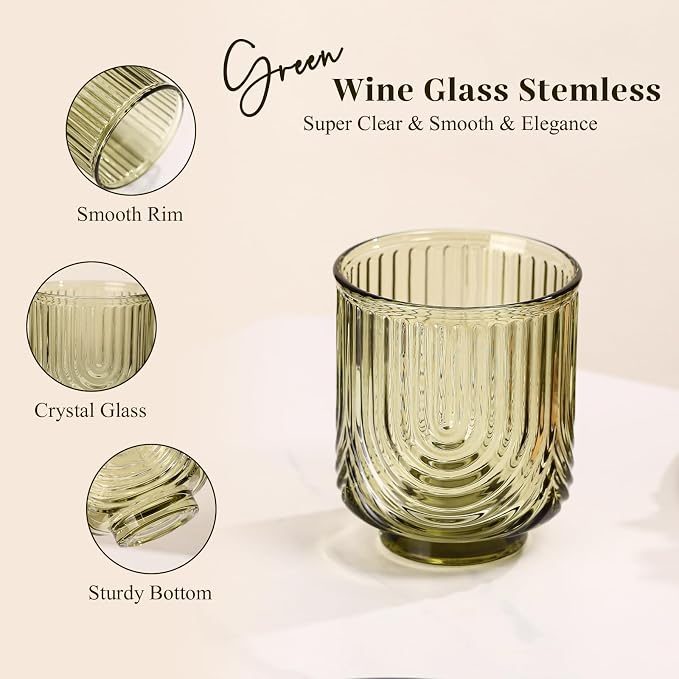 Green Vintage Drinking Glasses Set of 6-15oz Hand-Blown Highball Ribbed - Image 4