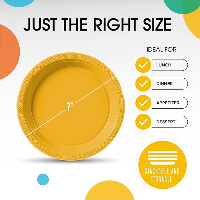 Yellow Plastic Plates For Party 7" Yellow Disposable Plates Heavy Duty 100 Pcs Plastic Dinnerware Sets Heavy Duty 350 GSM Disposable Dinnerware Set