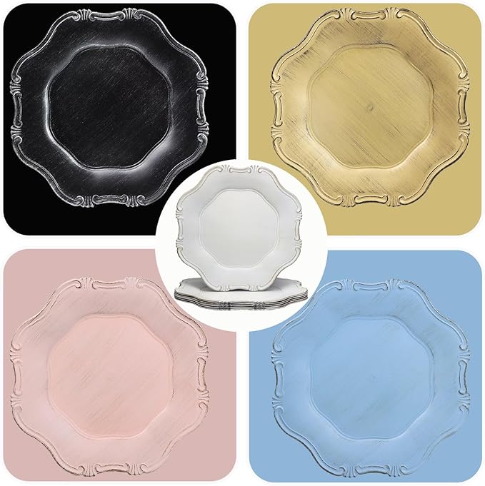 Pink Charger Plates Set of 6, Decorative Table Plastic Chargers for Dinner Plates, Party, Wedding, Thanksgiving, Christmas, 22P