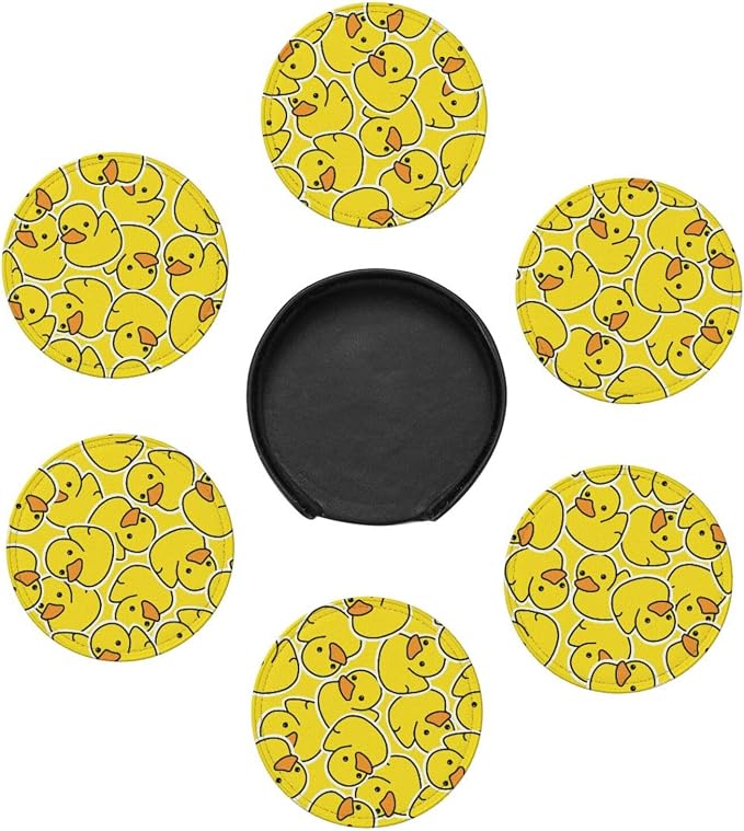 Drink Coasters with Holder Stand Set of 6 Yellow Ducks Pattern Drawing Pu - Image 5