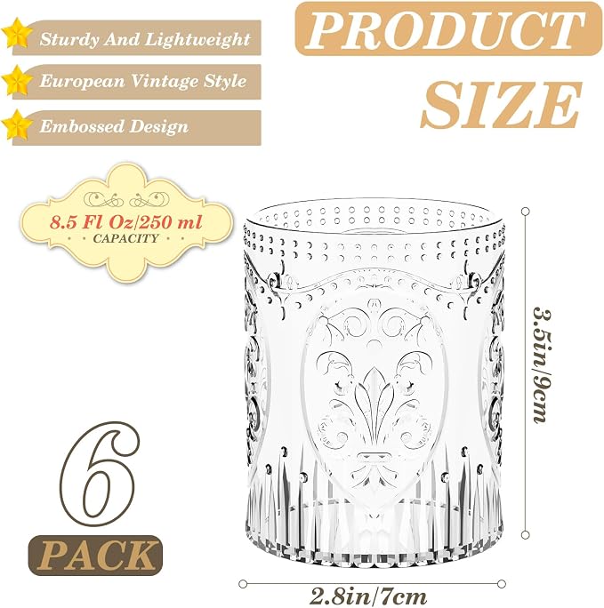 Qinyoung 6 Plastic Vintage Drinking Glasses 8.5oz Stemless Retro Embossed Wine - Image 3