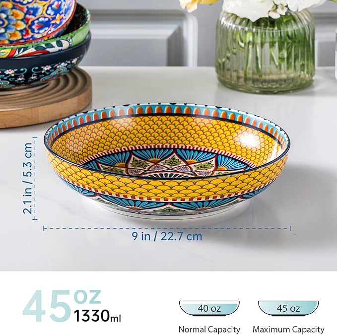 HENXFEN LEAD Pasta & Salad Bowls Set of 4, 45 oz Large Ceramic Serving Bowls – Colorful 9 Inch Wide & Shallow Bowls for Soup & Pasta, Microwave & Dishwasher Safe