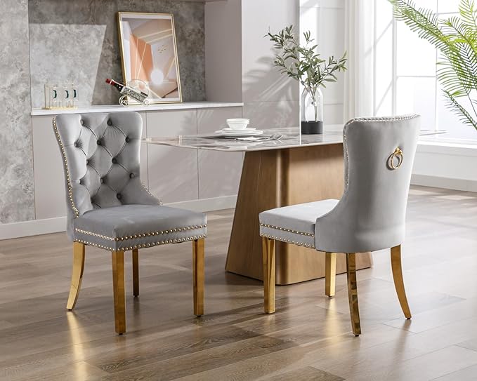 KCC Velvet Dining Chairs Set of 6, Upholstered High-end Tufted Dining Chair with Nailhead Back Ring Pull Trim Stainless Steel Legs, Contemporary Nikki Collection Modern Style for Kitchen, Light Gray